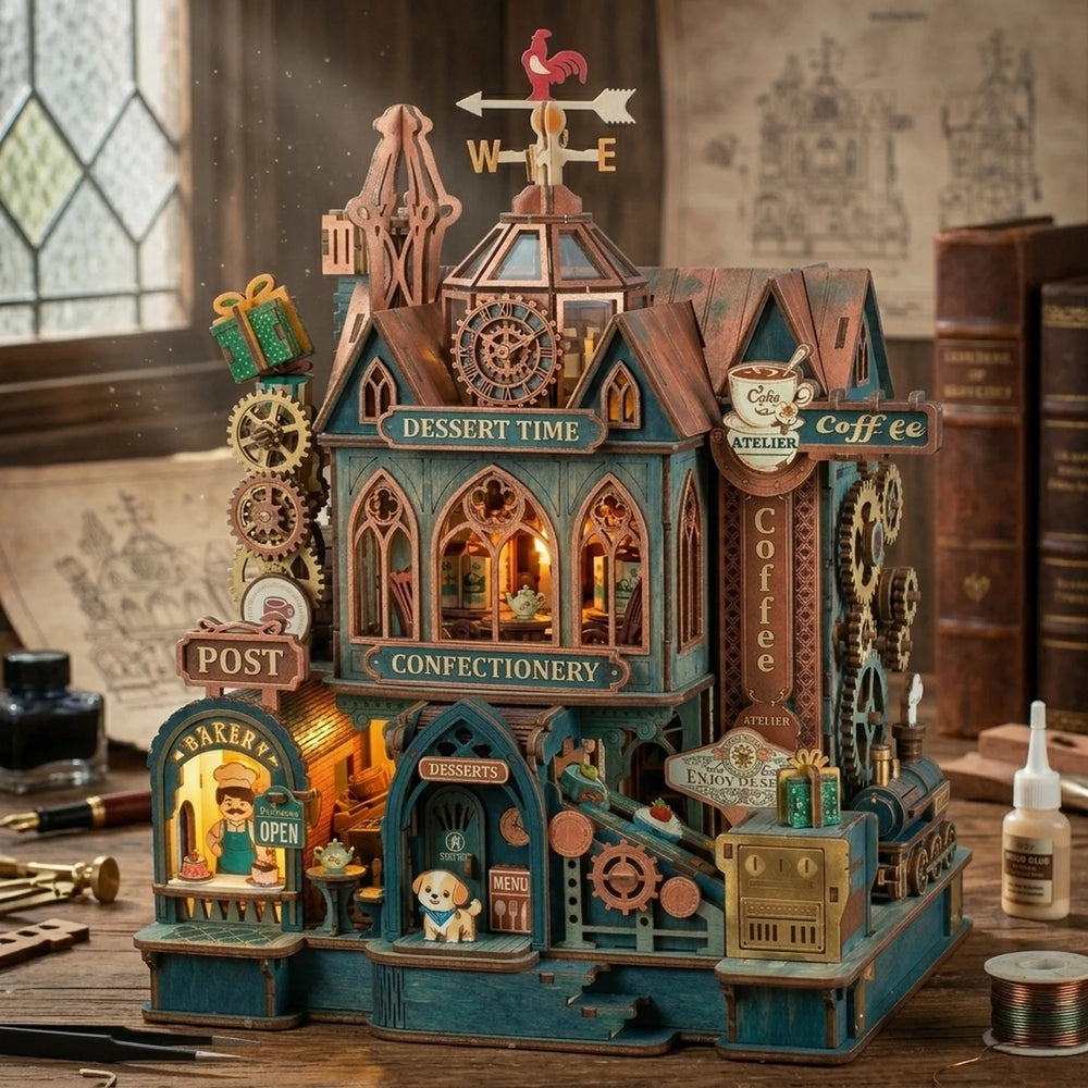 Wooden Dessert Time Music Box 3D Puzzle Mechanical Gear Toy