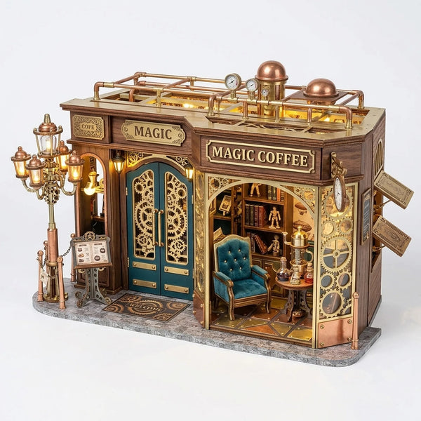 Wooden Retro Coffee Shop Miniature House Artisan Model Kit