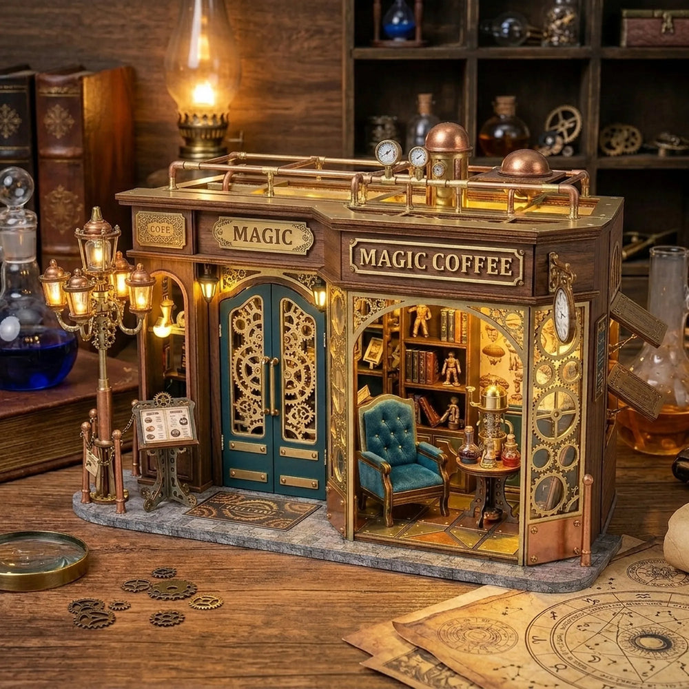 Wooden Retro Coffee Shop Miniature House Artisan Model Kit