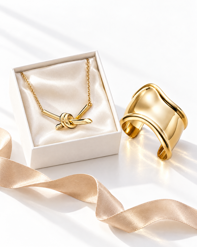 18K gold knot pendant necklace in a white gift box beside a gold cuff bracelet and champagne silk ribbon